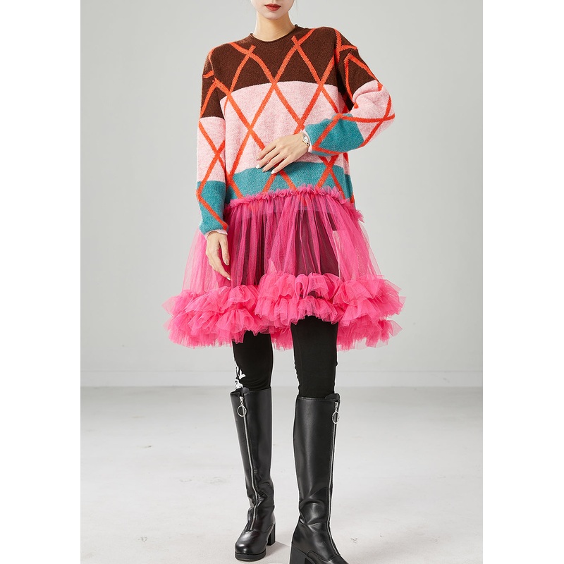 Organic Colorblock Thick Tulle Patchwork Knit Sweater Dress Fall