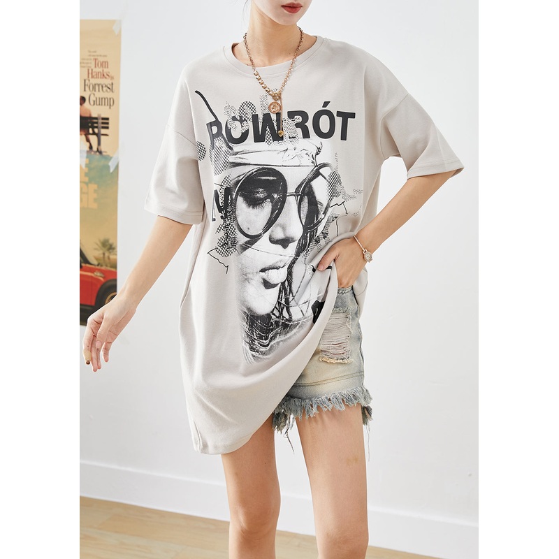 Original Apricot Oversized Print Cotton Long Tanks Summer