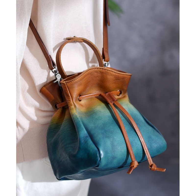 Original Blue Gradient Hand Painted Drawstring Crossbody Bag