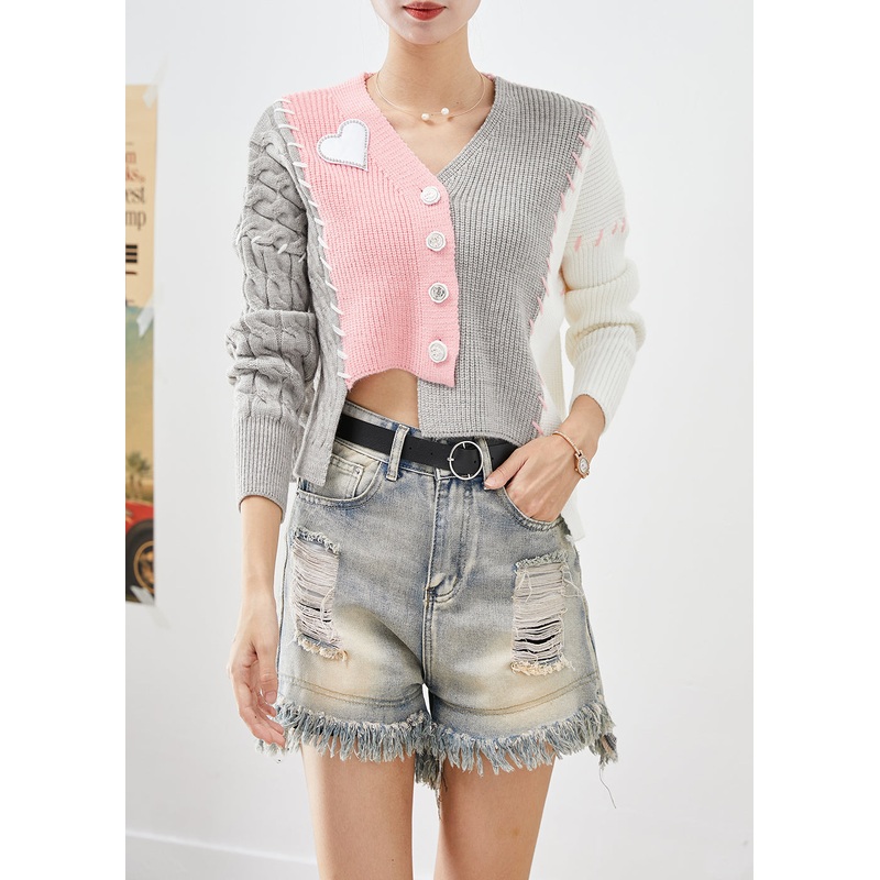 Pink Patchwork Knit Cardigans Asymmetrical Slim Fit Fall