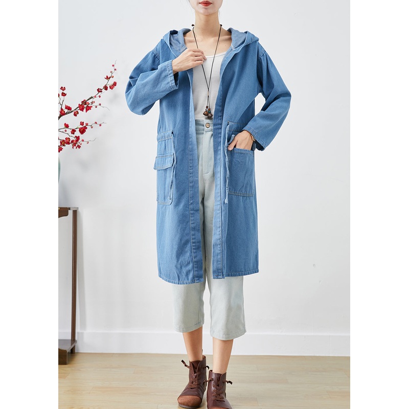 Plus Size Blue Cinched Hooded Denim Trench Fall