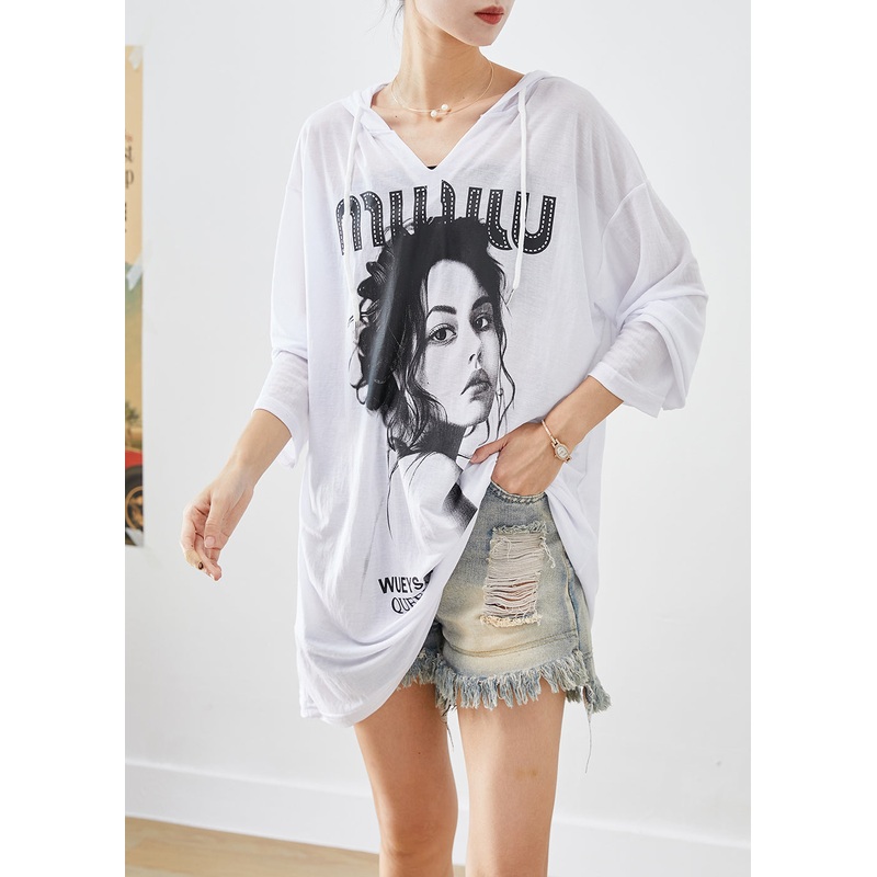 Plus Size White Oversized Print Cotton Pullover Streetwear Fall