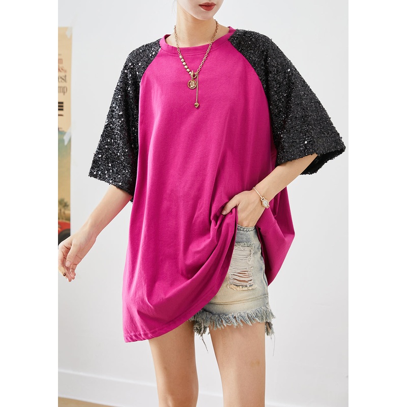 Purple Patchwork Cotton Tanks Sequins Oversized Summer