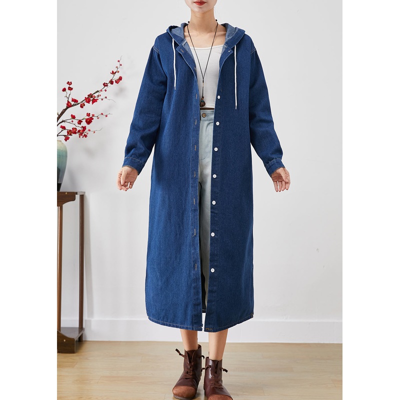 Simple Blue Hooded Button Down Denim Trench Coats Fall