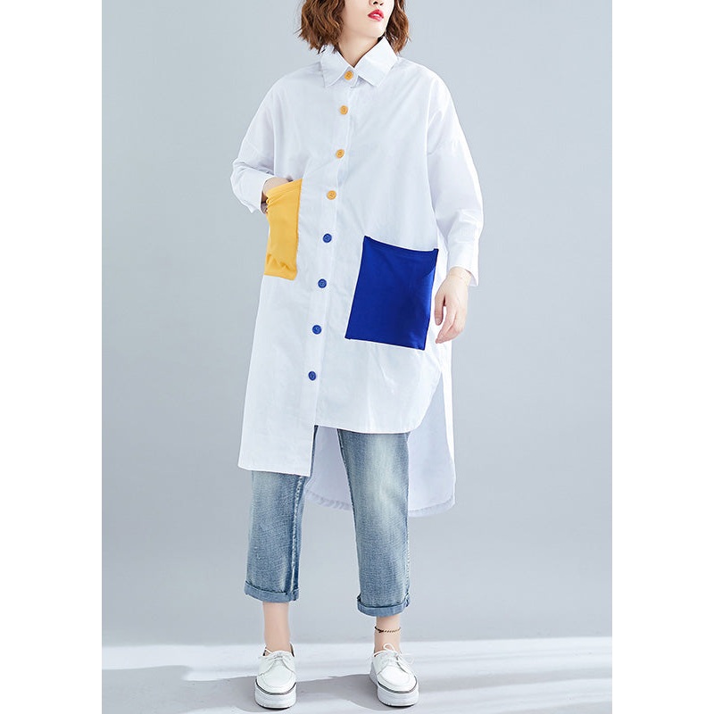 Style White Peter Pan Collar Pockets Cotton Asymmetrical Shirt Spring