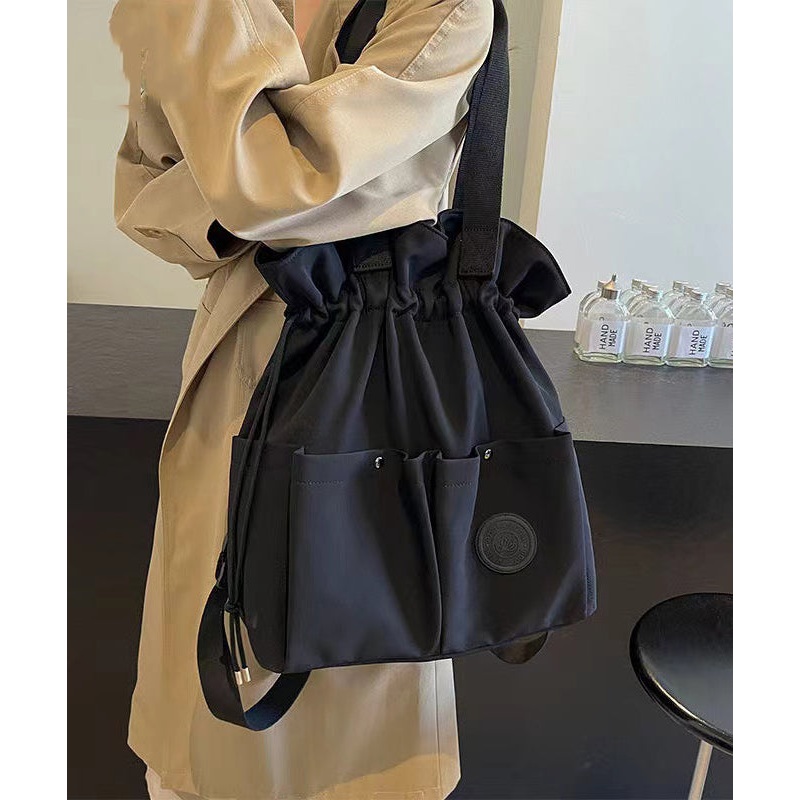 Stylish Black Pockets Drawstring Canvas Satchel Handbag
