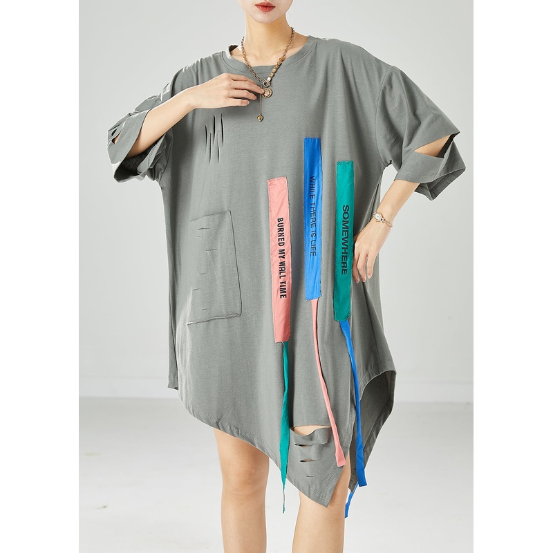 Stylish Grey Asymmetrical Oversized Cotton Ripped Tank Tops Summer