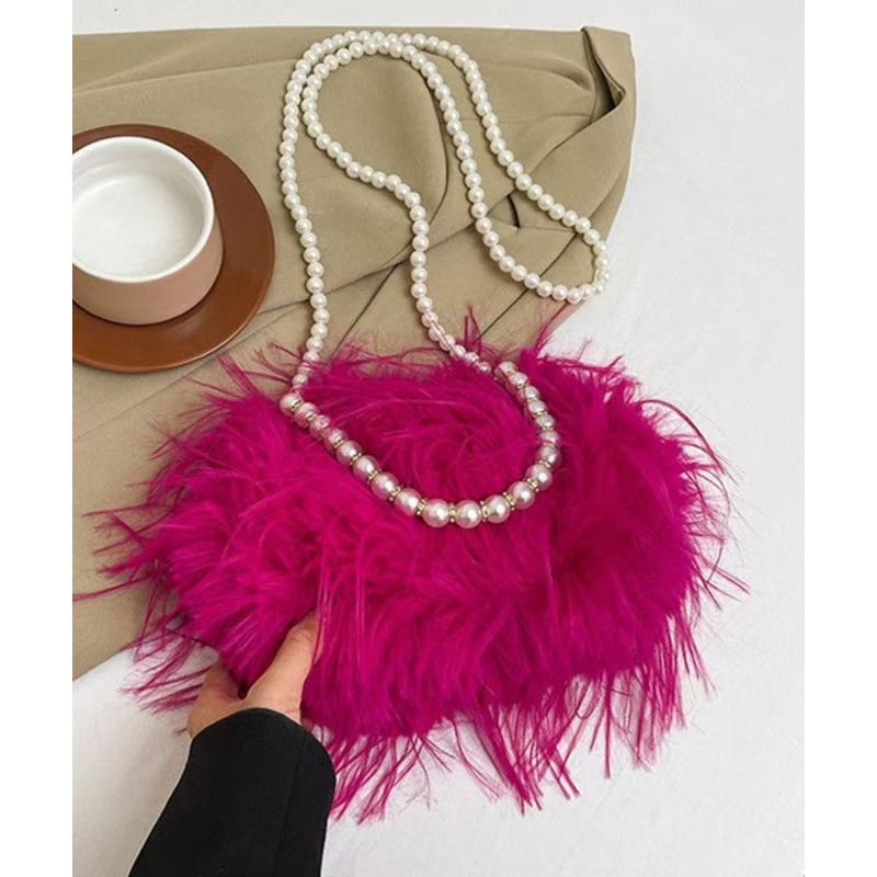 Sweet Rose Pearl Tassel Feather Fuzzy Fur Tote Handbag