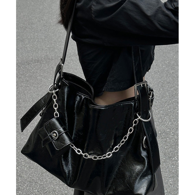 Unique Black Chain Linked Patchwork Faux Leather Messenger Bag