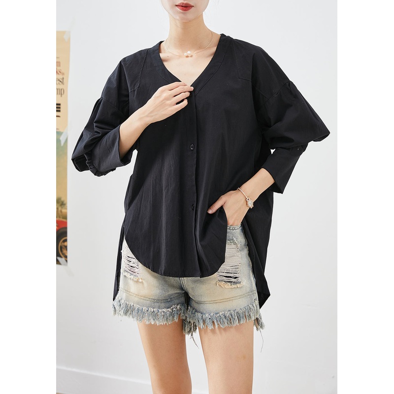Unique Black Heart Neck Low High Design Cotton Shirt Top Fall