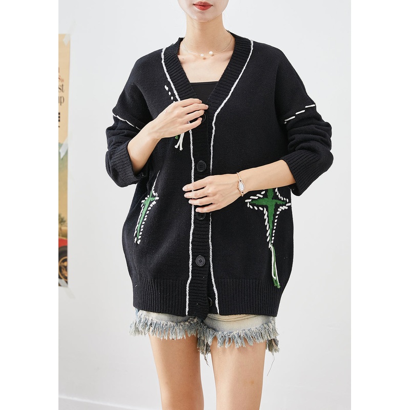 Unique Black Oversized Jacquard Knit Cardigan Fall