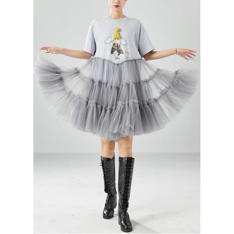 Unique Grey Cartoon Zircon Tulle Patchwork Cotton Party Dress Summer