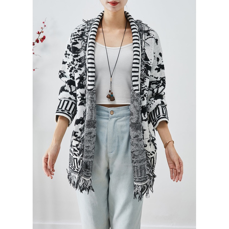 Unique White Tasseled Jacquard Knit Cardigan Fall