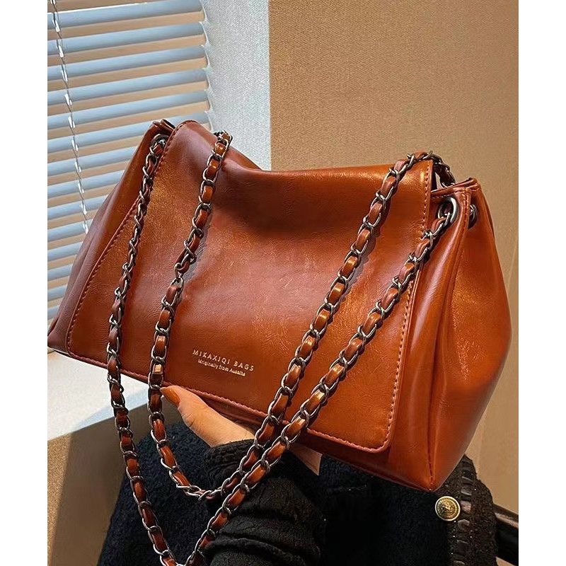 Vintage Brown Chain Linked Faux Leather Tote Handbag