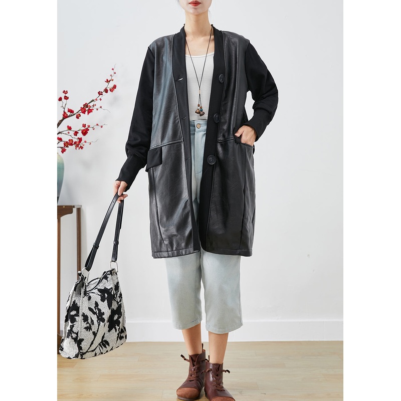 Women Black V Neck Patchwork Faux Leather Coat Fall