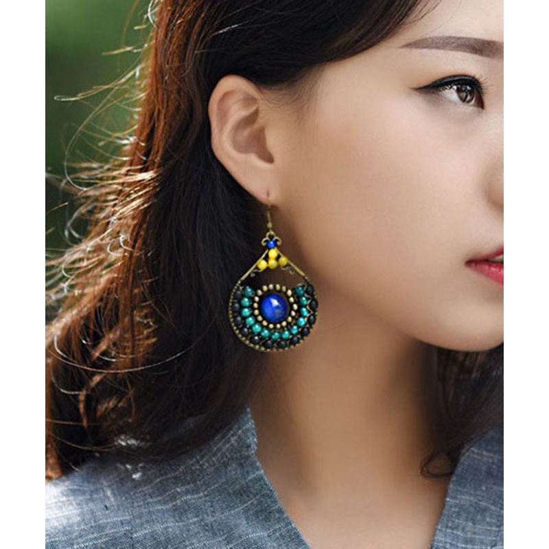 Art Blue Gem Stone Yellow Agate Copper Drop Earrings
