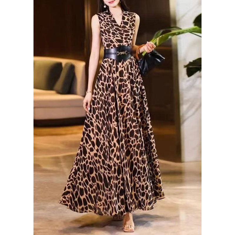 Art Leopard Print V Neck Sashes Chiffon Long Dresses Summer