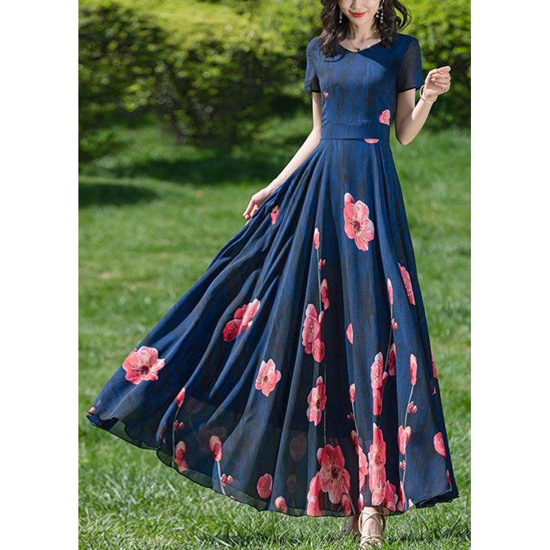 Art Navy Print Patchwork High Waist Chiffon Long Dress Short Sleeve