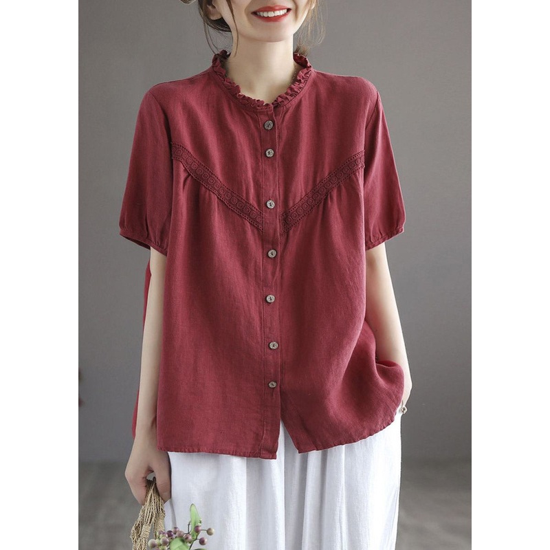 Art Red O-Neck Embroidered Floral Button Linen Shirt Lantern Sleeve