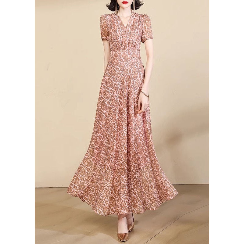 Beautiful Pink Print High Waist Chiffon Maxi Dresses Summer