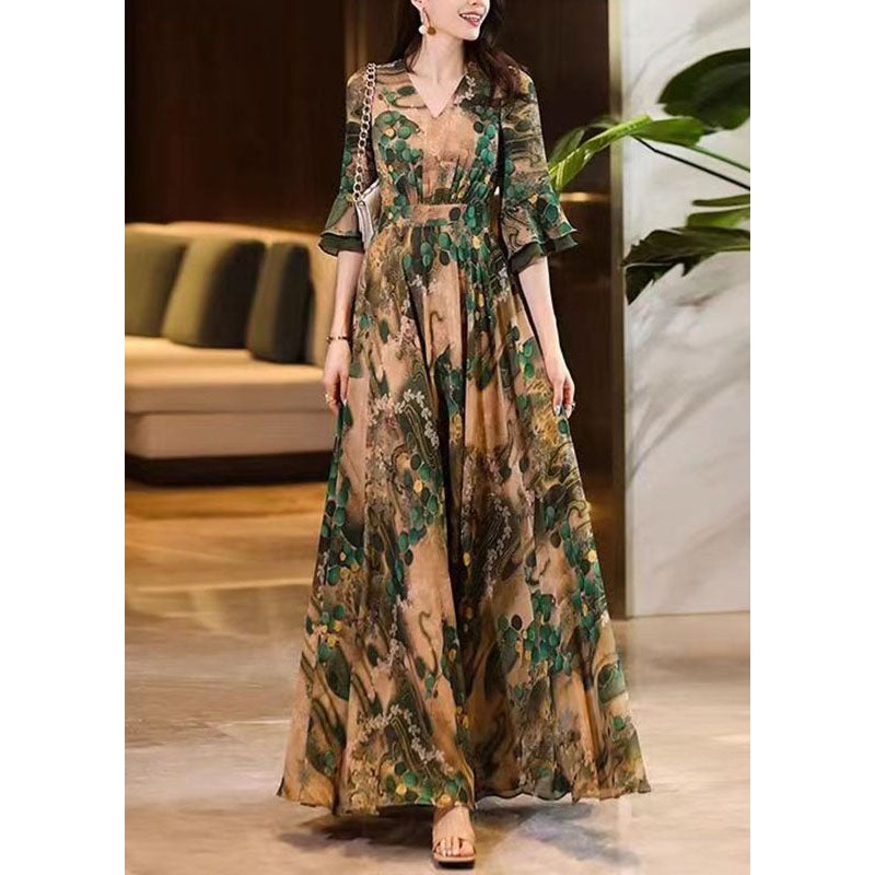 Boho V Neck Print Wrinkled Patchwork Chiffon Long Dress Summer