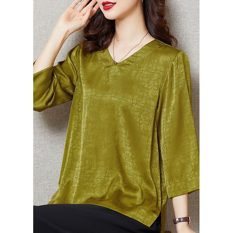 Boutique Light Green V Neck Wrinkled Solid Color Side Open Silk Shirt Top Bracelet Sleeve