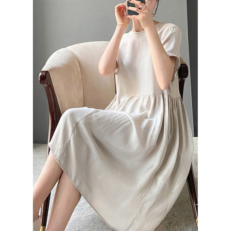 Brief Beige O-Neck Patchwork Linen Dress Short Sleeve