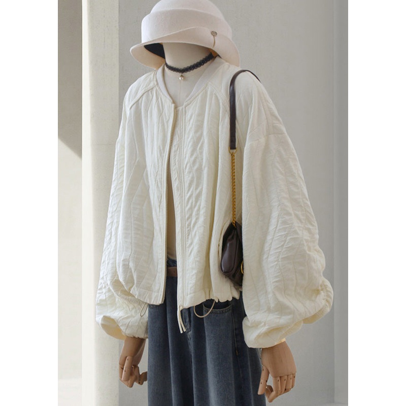 Casual Beige Zip Up Drawstring Loose Cotton Jackets Lantern Sleeve