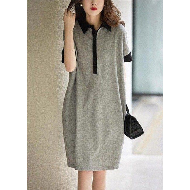 Casual Black Peter Pan Collar Button Cotton Maxi Dresses Short Sleeve
