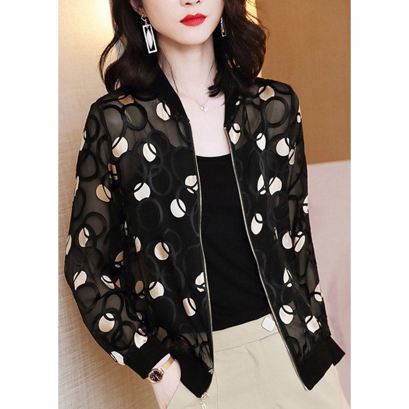 Casual Black V Neck Print Zippered Silk UPF 50+ Coat Long Sleeve