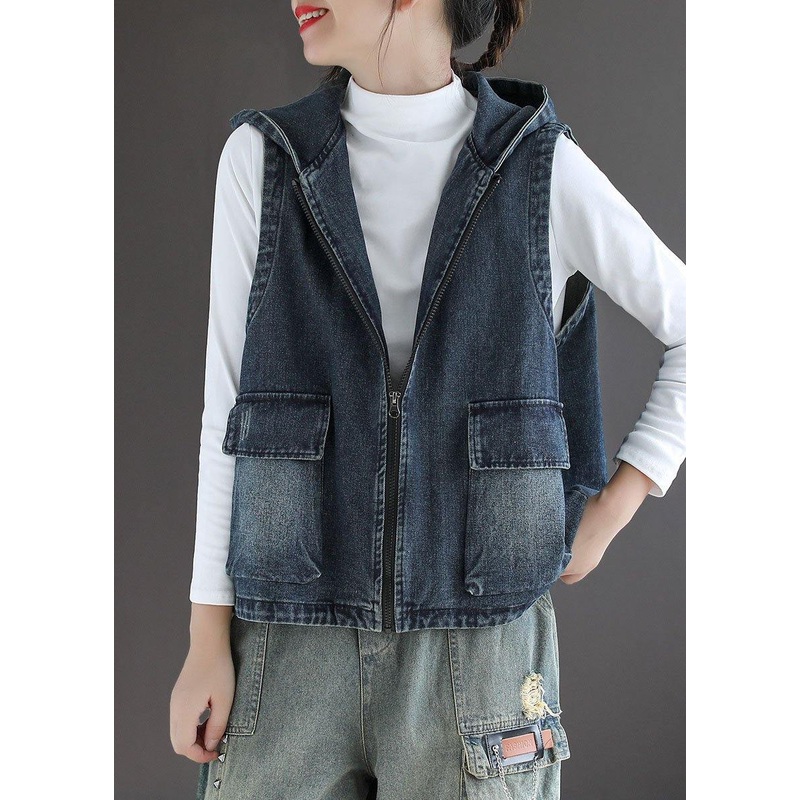 Casual Blue Denim Zippered Pockets Fall Sleeveless Waistcoat