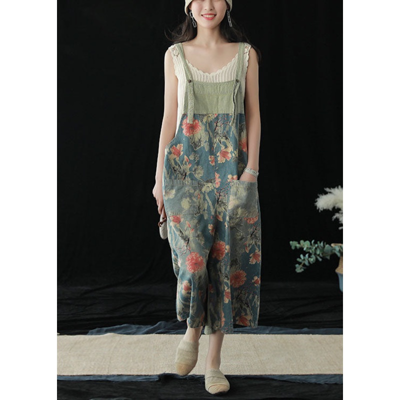 Casual Blue Pockets Patchwork Print Cotton Denim Wide Leg Pants Jumpsuit Summer