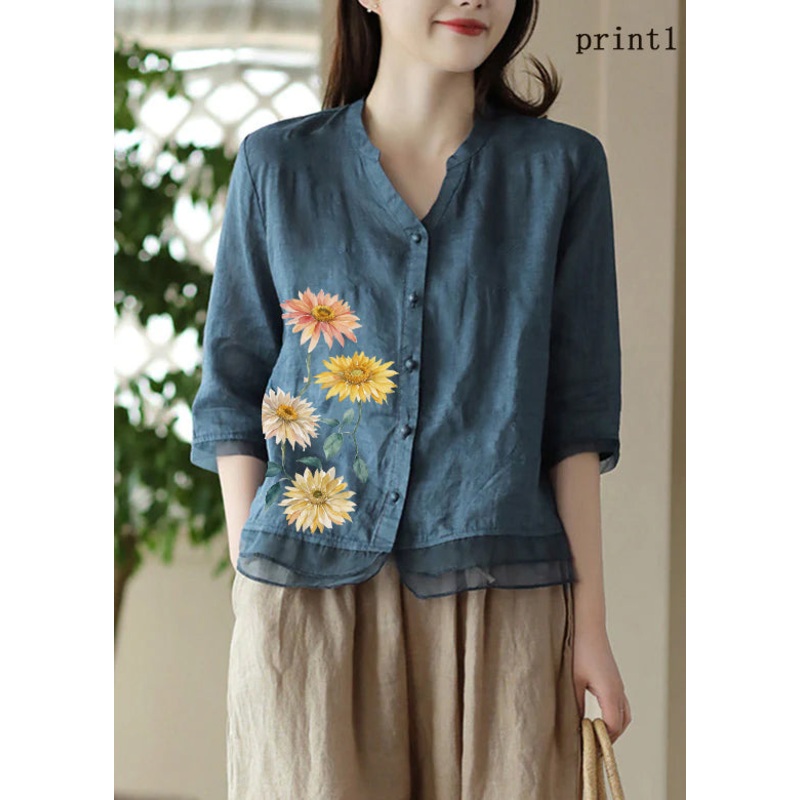 Casual Blue-print1 V Neck Embroideried Solid Ramie Shirt Half Sleeve