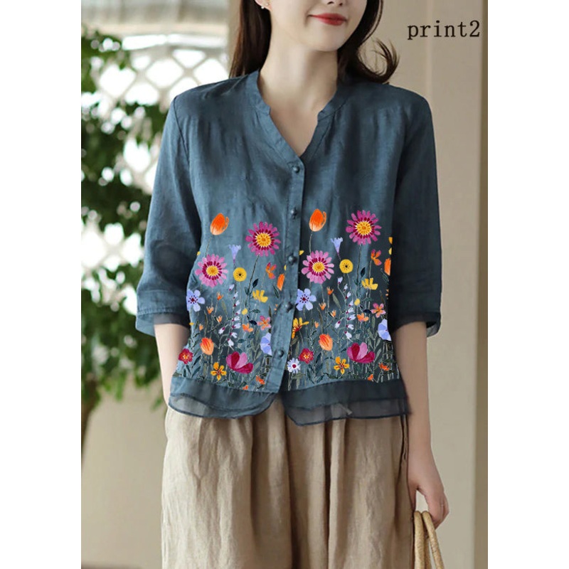 Casual Blue-print2 V Neck Embroideried Solid Ramie Shirt Half Sleeve