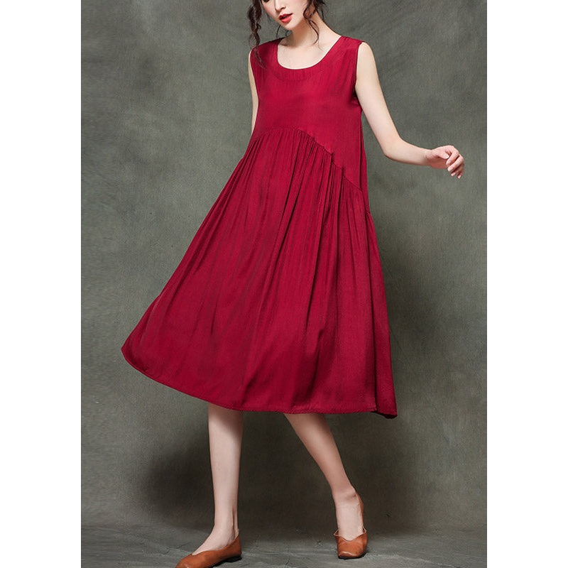Casual Wine Red O-Neck Wrinkled Long Dresses Sleeveless