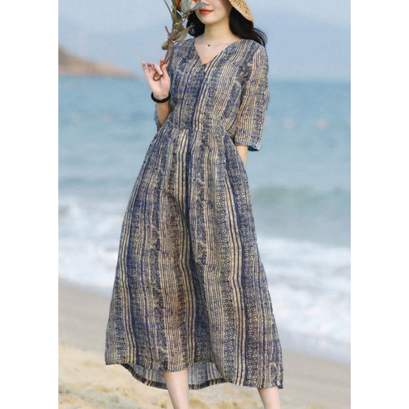Chic Blue V Neck Striped Patchwork Pockets Linen Dresses Short Sleeve