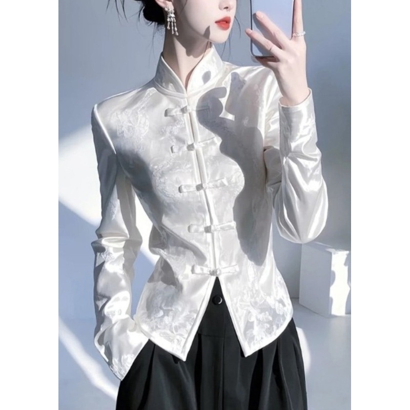 Chinese Style White Stand Collar Oriental Button Silk Shirt Top Spring
