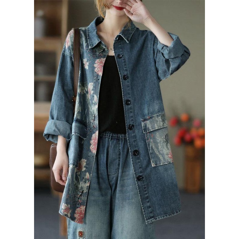 Classy Big Flower Print Patchwork Blouse Tops Denim Jacket