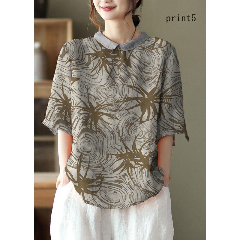 DIY grey Print5  Ramie Half Sleeve Shirt Summer