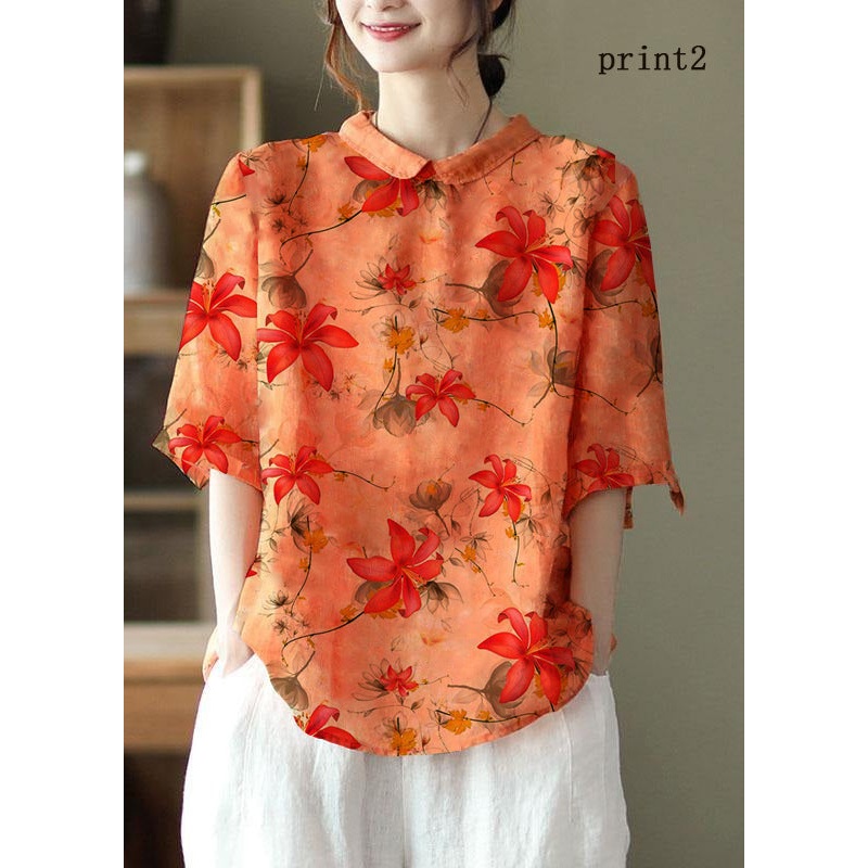 DIY Orange Print2  Ramie Half Sleeve Shirt Summer