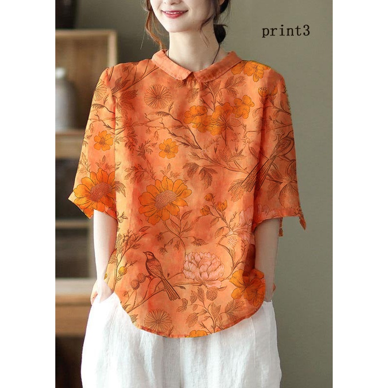 DIY Orange Print3  Ramie Half Sleeve Shirt Summer