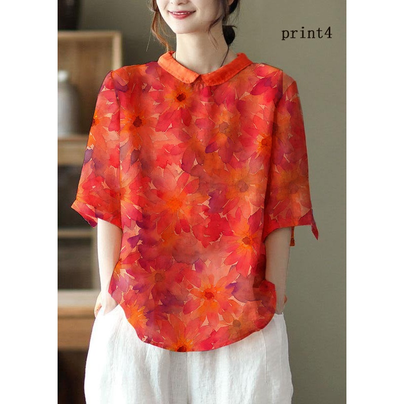 DIY Orange Print4  Ramie Half Sleeve Shirt Summer