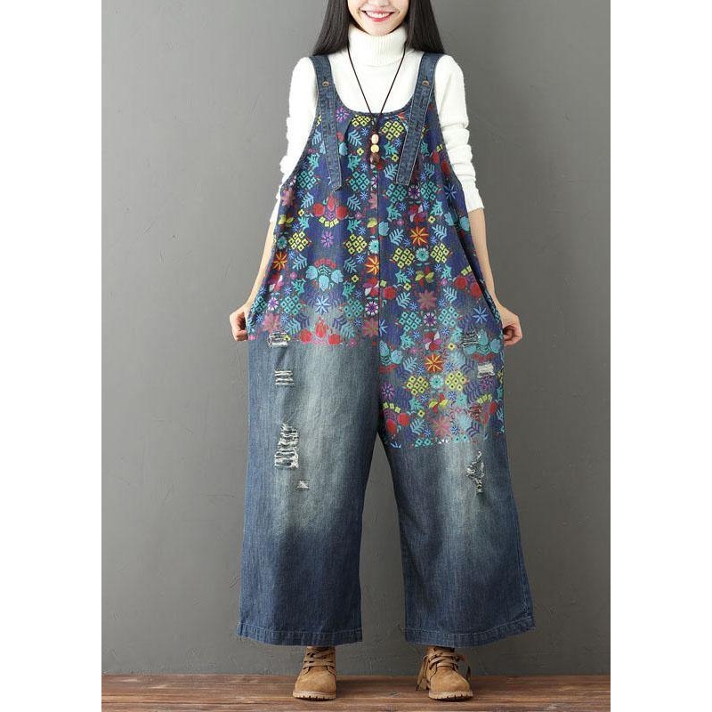 Elegant Blue Casual Print Wide Leg Fall Romper Denim