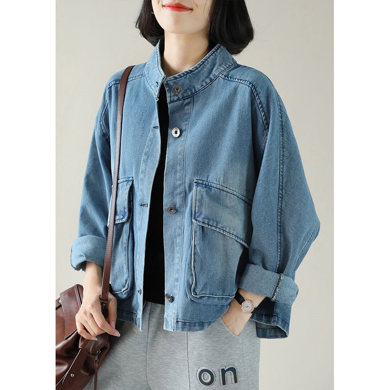 Fashion Blue Stand Collar Button Big Pockets Denim Coat Long Sleeve