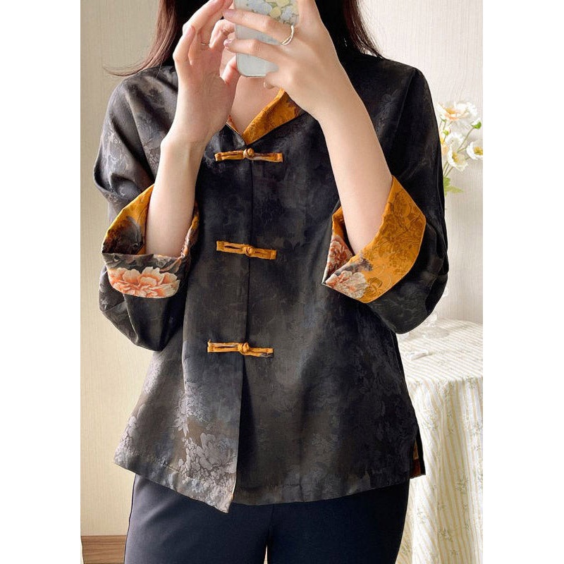Fashion Stand Collar Print Button Side Open Silk Coat Long Sleeve
