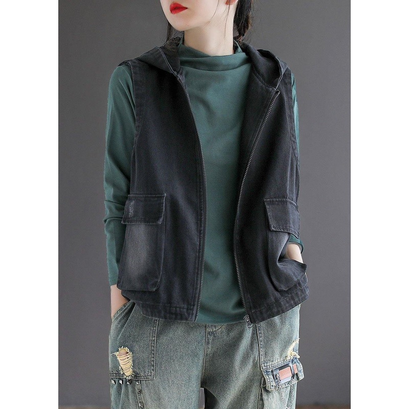 French Black Denim hooded Patchwork Fall Waistcoat Sleeveless