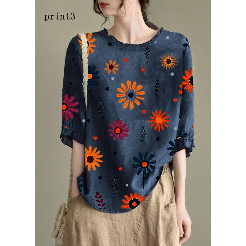Handmade Navy-print3  lantern Sleeve O-Neck Embroideried Summer Ramie Blouses