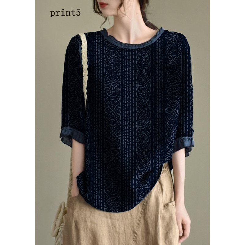 Handmade Navy-print5  lantern Sleeve O-Neck Embroideried Summer Ramie Blouses