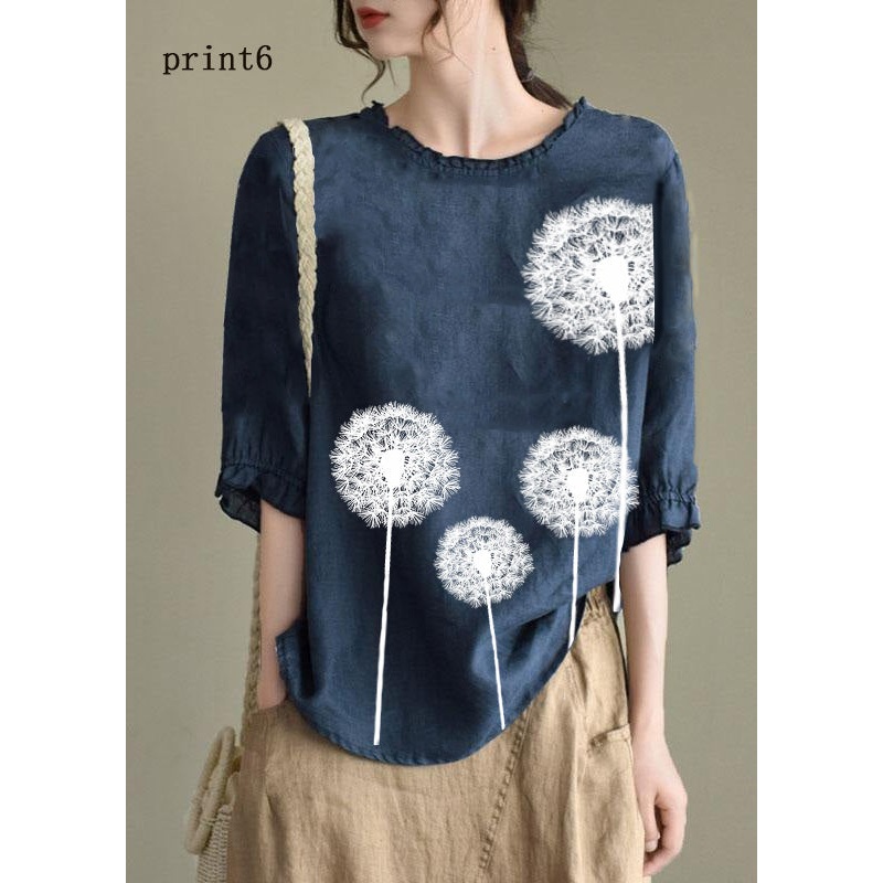 Handmade Navy-print6  lantern Sleeve O-Neck Embroideried Summer Ramie Blouses