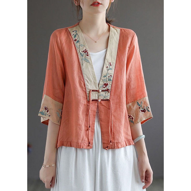 Handmade Orange Deep V Neck Patchwork Cotton Linen Shirt Bracelet Sleeve